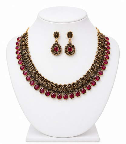 Antique Gold Ruby Red Stone Necklace & Earrings Set