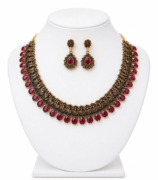 Antique Gold Ruby Red Stone Necklace & Earrings Set