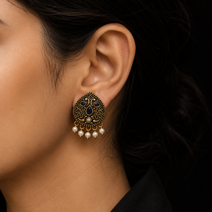 Royal Blue Antique Gold Pearl Drop Earrings