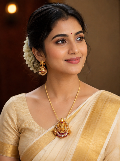 Traditional Temple Goddess Pendant Gold-Tone Chain Necklace