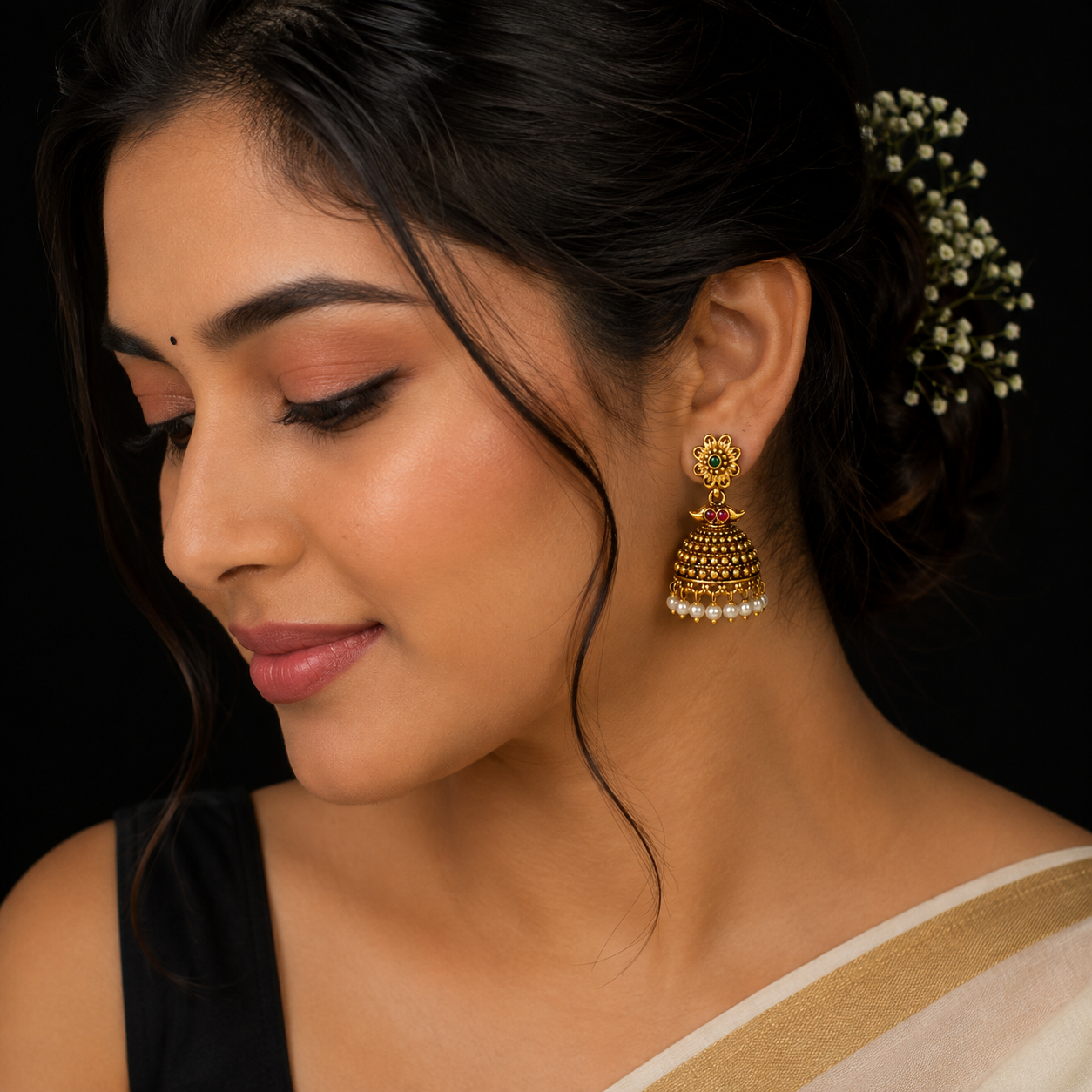 Antique Gold Traditional Jhumka Earrings with Pearl Drops