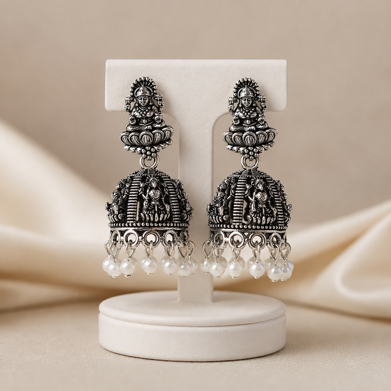 Temple Goddess Oxidised Silver Jhumka Earrings with Pearl Drops