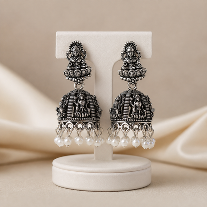 Temple Goddess Oxidised Silver Jhumka Earrings with Pearl Drops