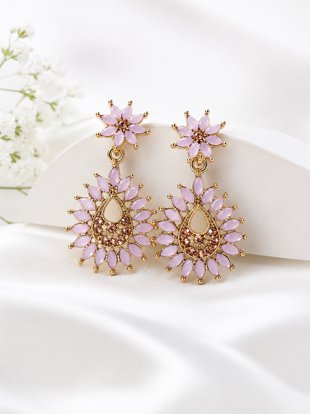 Blush Pink Floral Teardrop Statement Earrings – Gold Tone