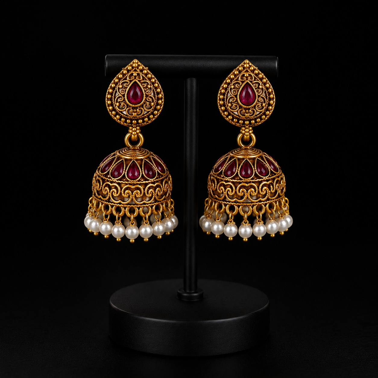 Queenboxo Royal Ruby Antique Gold Jhumka Earrings with Pearl Drops