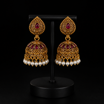 Queenboxo Royal Ruby Antique Gold Jhumka Earrings with Pearl Drops