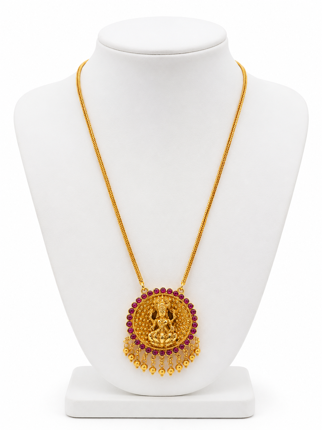 Traditional Gold-Tone Lakshmi Pendant Chain with Ruby-Color Stones