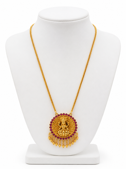 Traditional Gold-Tone Lakshmi Pendant Chain with Ruby-Color Stones