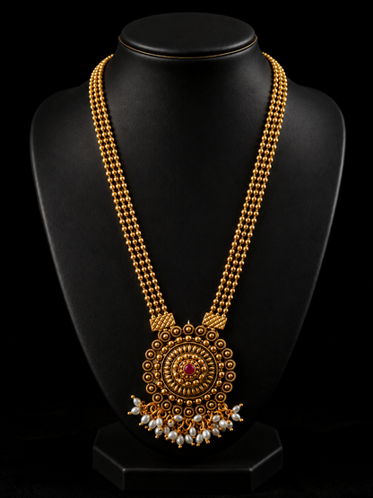 Antique Gold Multi-Layer Beaded Long Necklace with Temple Pendant & Pearl Drops