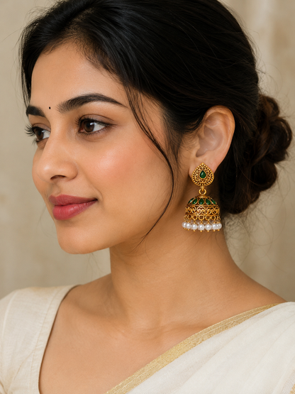 Emerald Green Antique Gold Jhumka Earrings with Pearl Drops