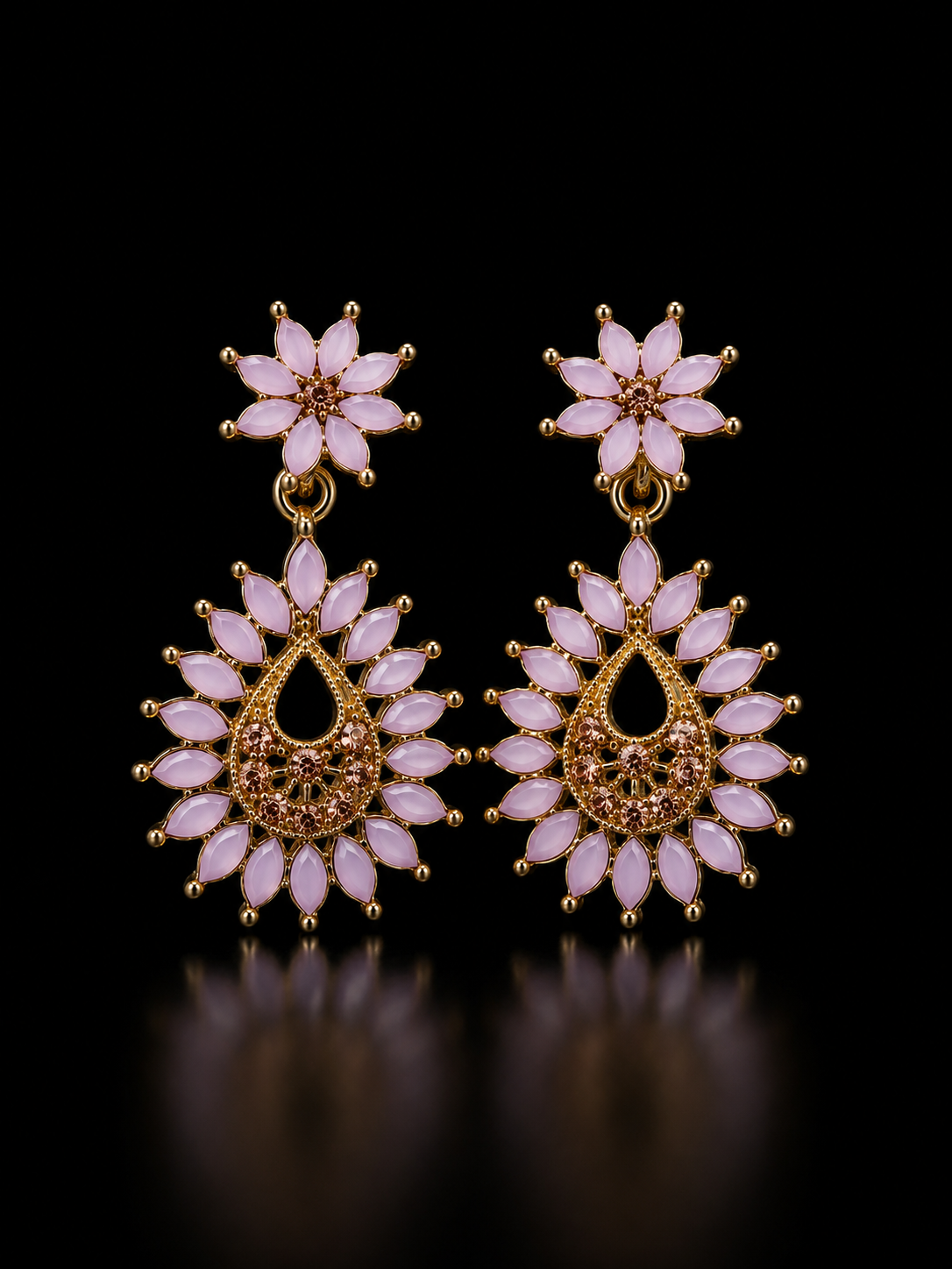 Blush Pink Floral Teardrop Statement Earrings – Gold Tone