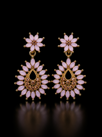 Blush Pink Floral Teardrop Statement Earrings – Gold Tone
