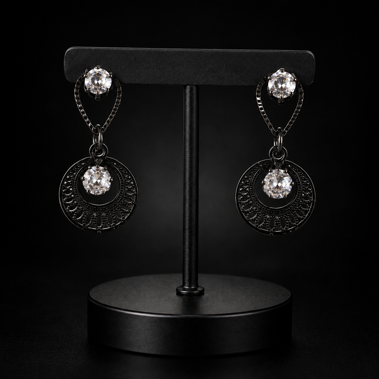 Black Crystal Circular Drop Earrings – Elegant Statement Earrings