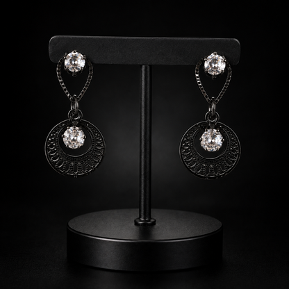 Black Crystal Circular Drop Earrings – Elegant Statement Earrings