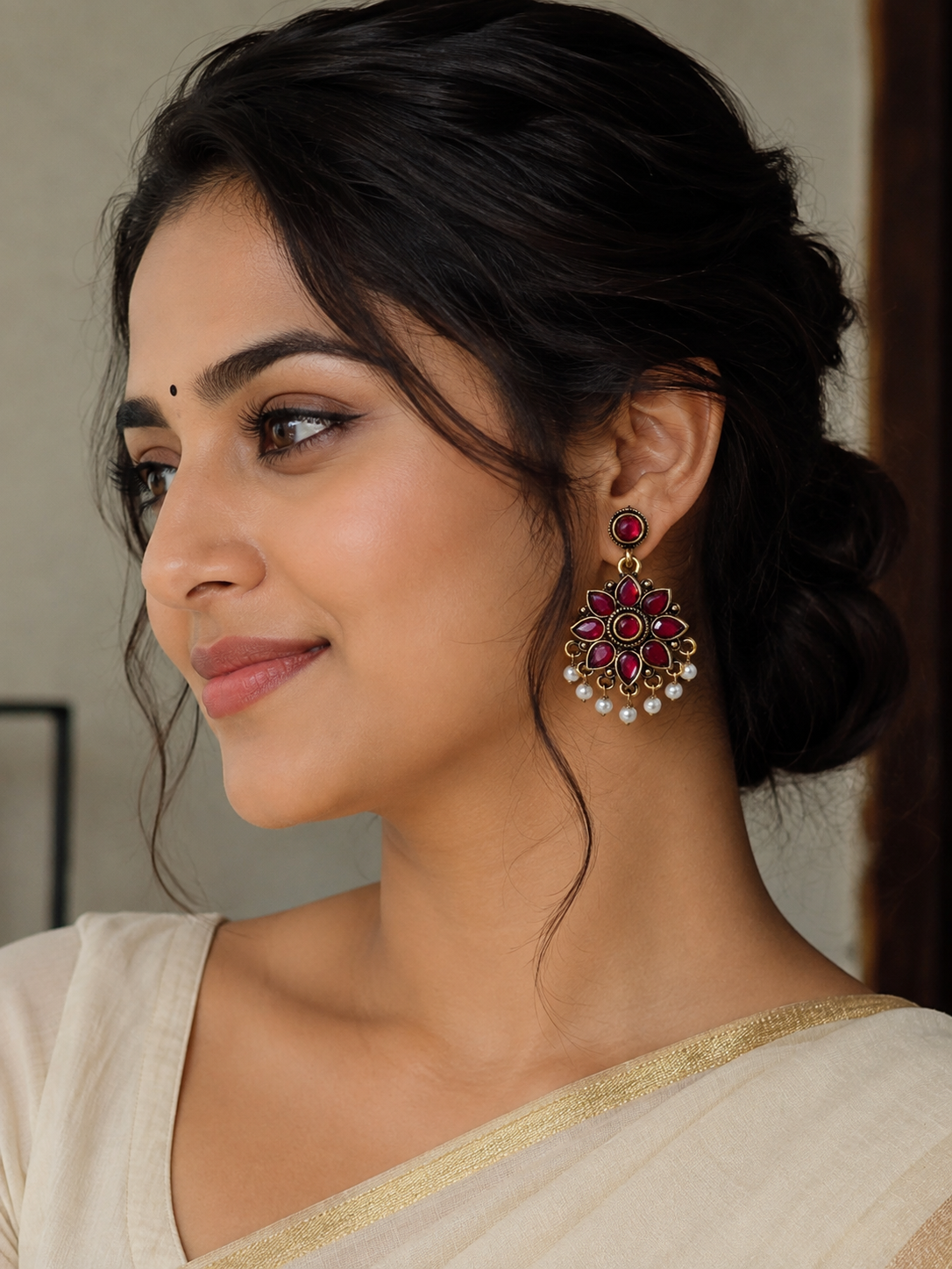 Ruby Red Floral Pearl Drop Earrings – Antique Gold Finish