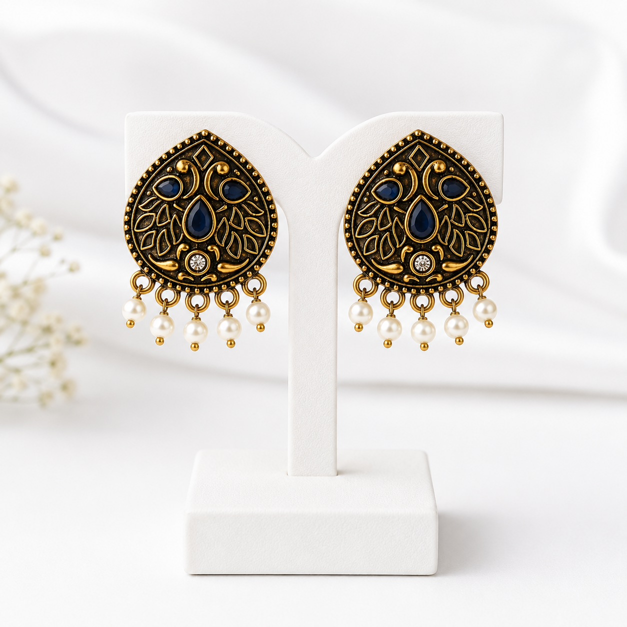Royal Blue Antique Gold Pearl Drop Earrings