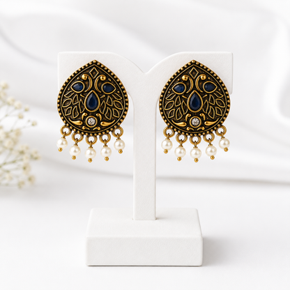 Royal Blue Antique Gold Pearl Drop Earrings