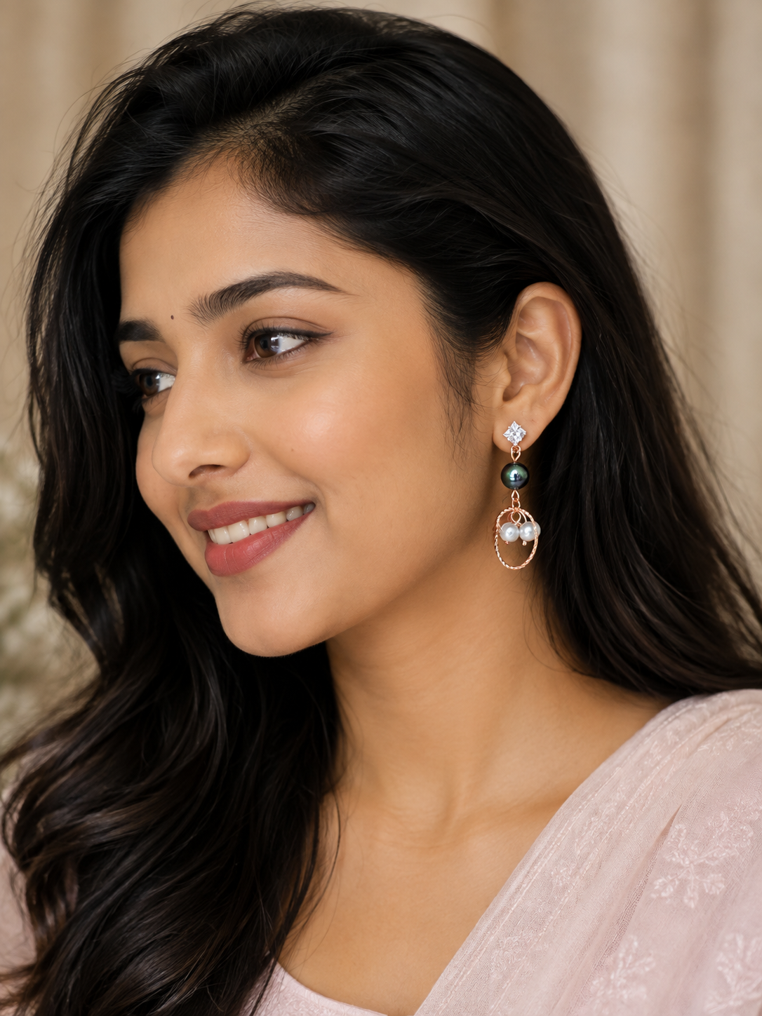 Elegant Black Pearl & Crystal Rose Gold Drop Earrings