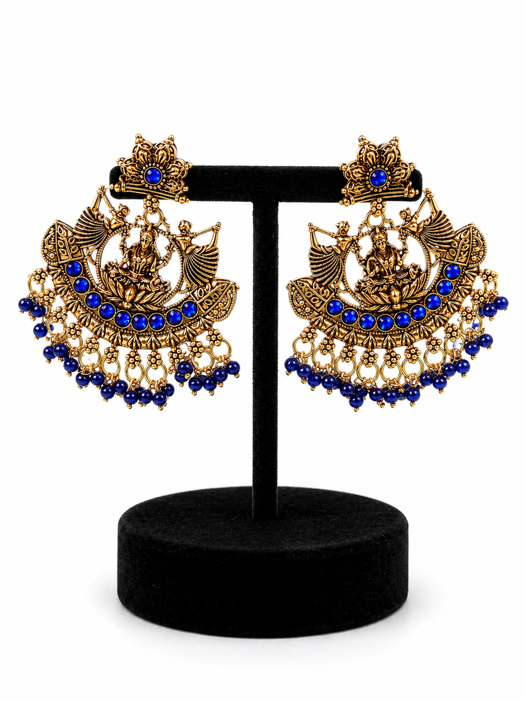 Antique Gold Goddess Chandbali Earrings with Royal Blue Beads