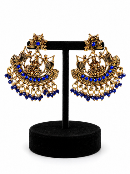 Antique Gold Goddess Chandbali Earrings with Royal Blue Beads