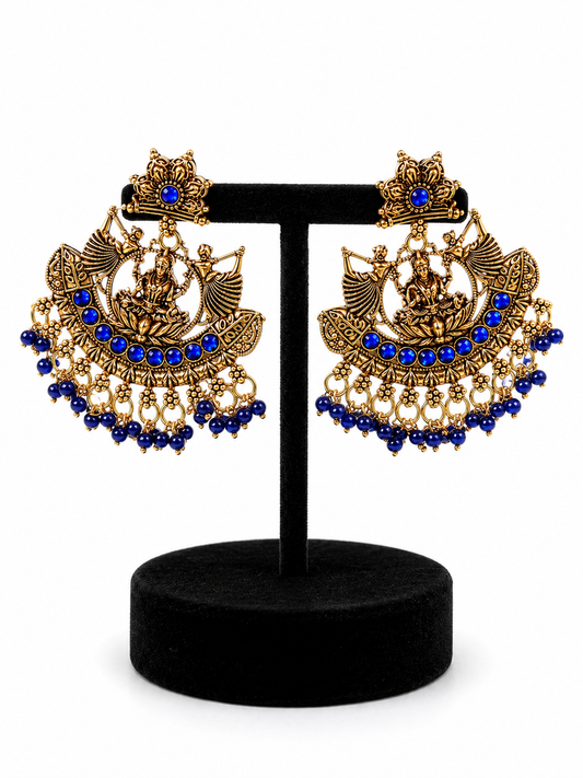 Antique Gold Goddess Chandbali Earrings with Royal Blue Beads