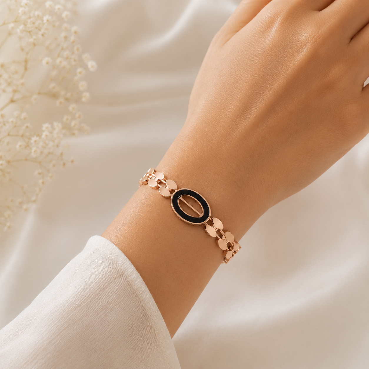 Rose Gold Black Oval Charm Bracelet for Women
